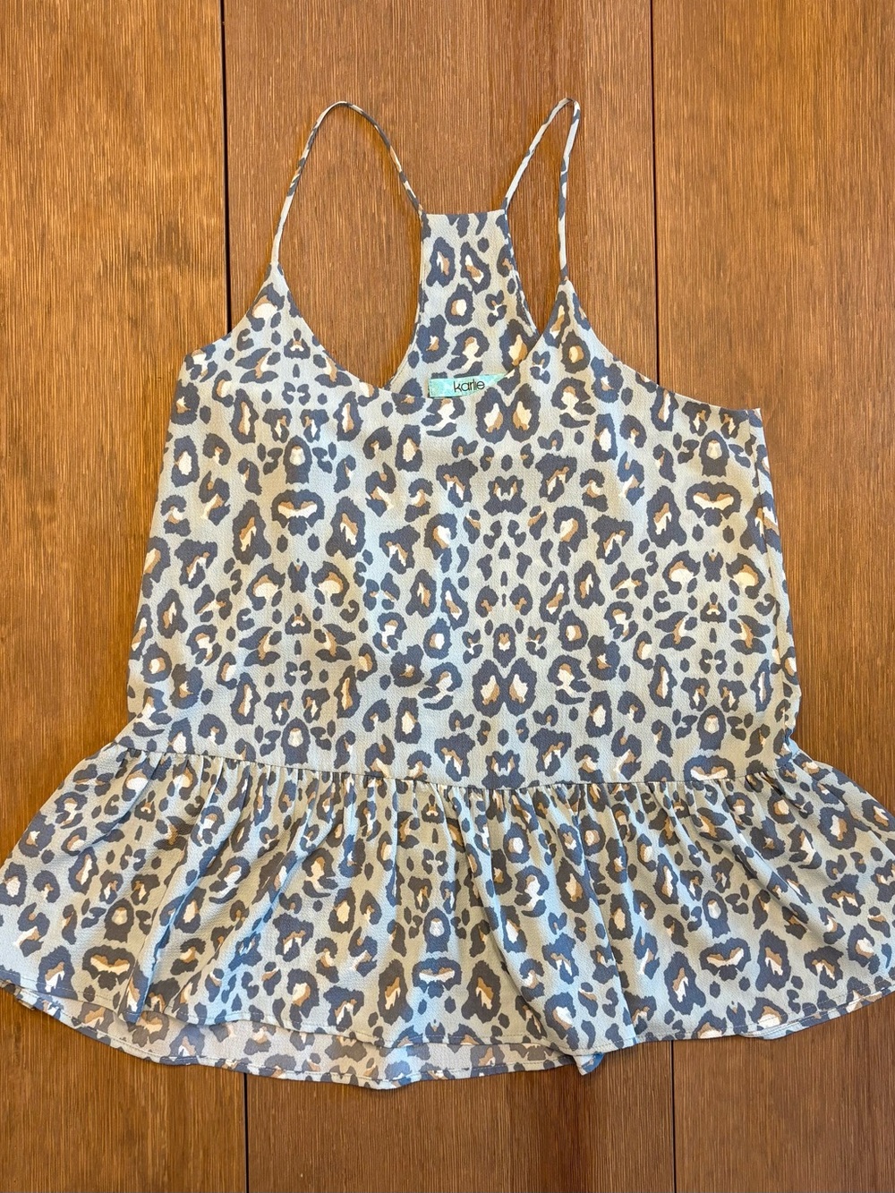 Karlie Leopard Print Ruffle-Hem Spaghetti Strap Tank Light Blue